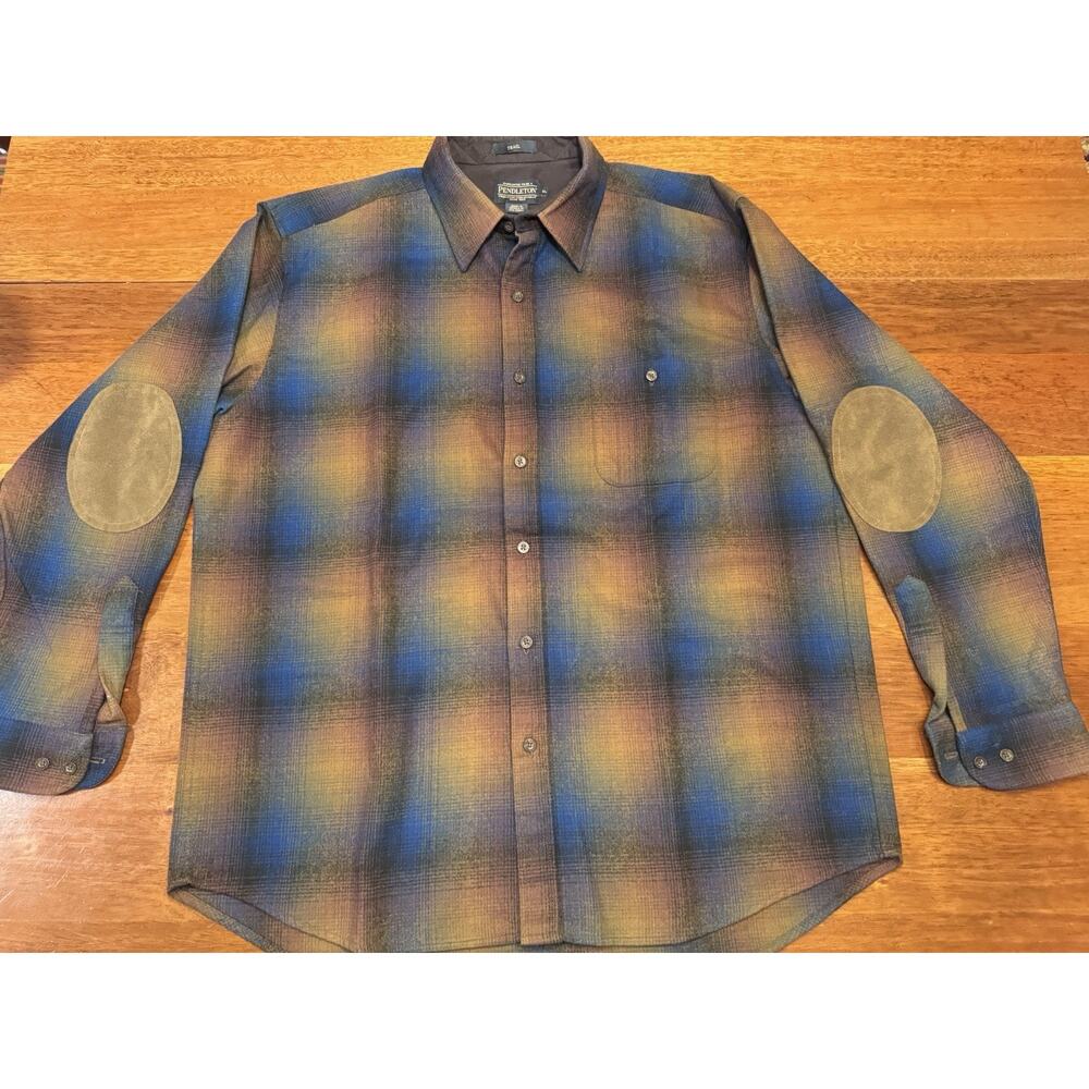 XL Pendleton Wool Trail Shirt Plaid Brown Elbow Patches Button Up Woolen Mills